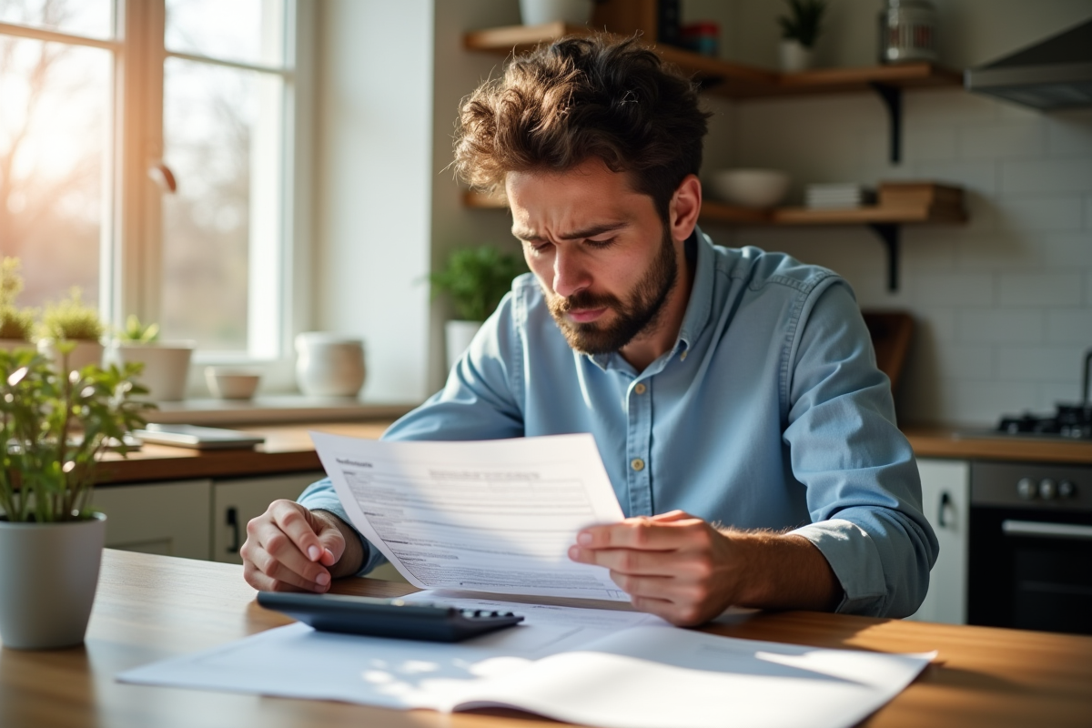 Adulte inquiet étudiant un relevé de mortgage à la cuisine