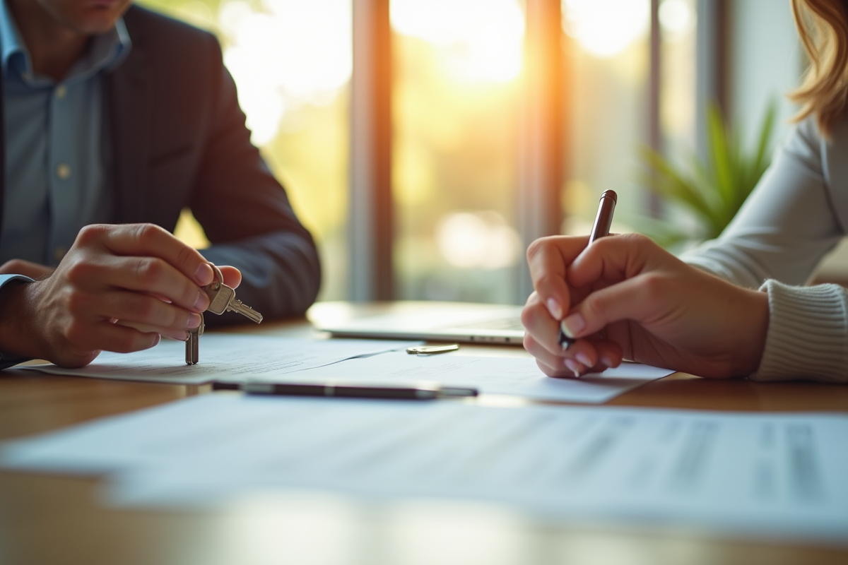 Agent immobilier et couple examinant documents et clés