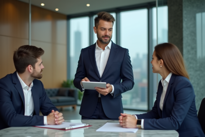 Agent immobilier en costume discutant avec un couple dans un bureau moderne