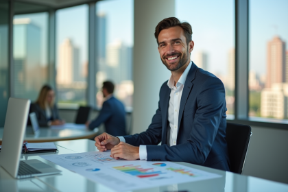 Agent immobilier souriant avec contrats et graphiques en bureau