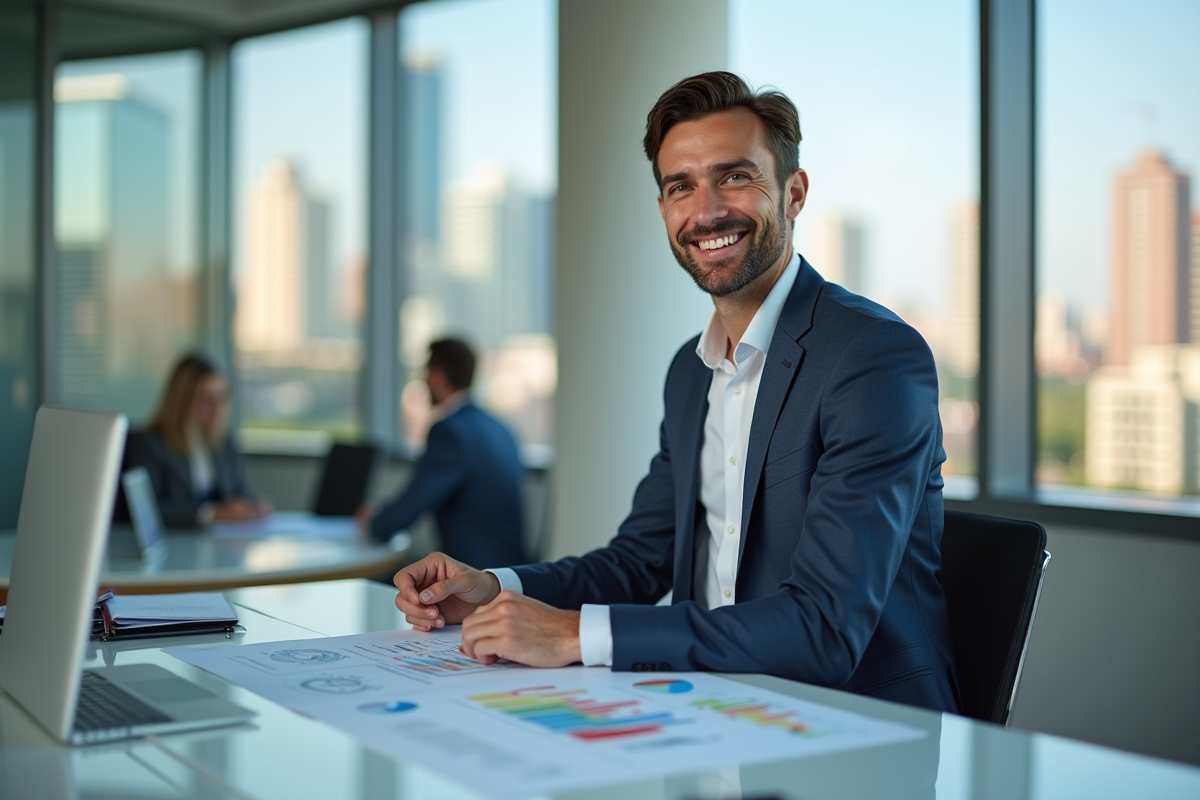 Agent immobilier souriant avec contrats et graphiques en bureau