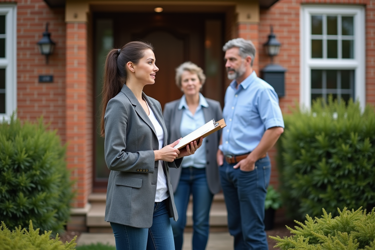 Jeune femme en tenue professionnelle discutant avec un couple devant une maison