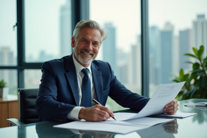 Agent immobilier confiant dans son bureau moderne avec vue sur la ville