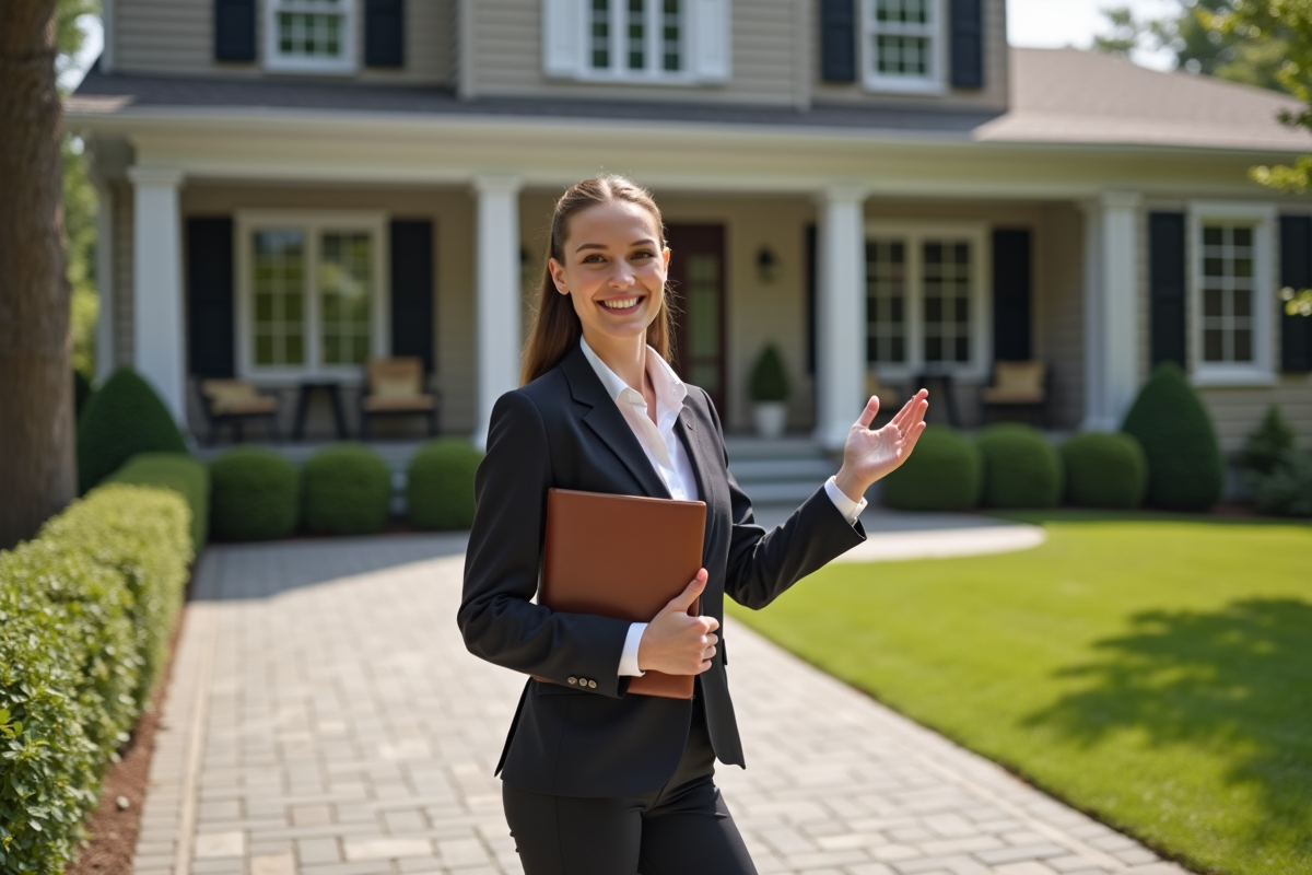 Jeune agente immobilière devant une maison de banlieue élégante