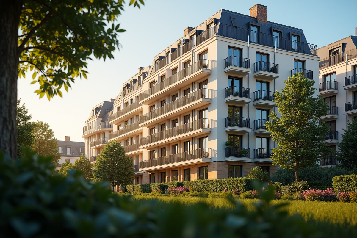 Immeuble résidentiel français avec balcons et verdure au coucher du soleil