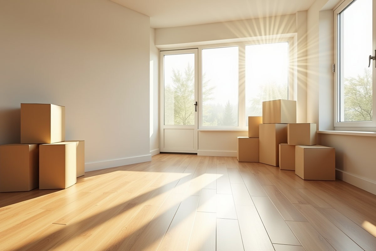 Appartement vide et propre avec lumière naturelle et plancher en bois