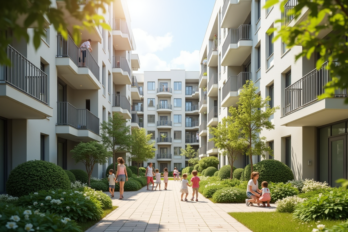 Immeuble renové avec espace vert et enfants jouant dans la cour