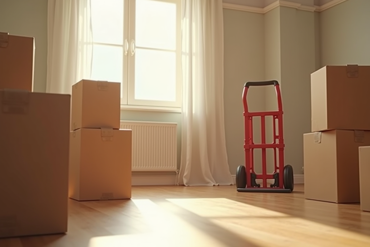 Appartement vide avec cartons et chariot de déménagement sous lumière douce