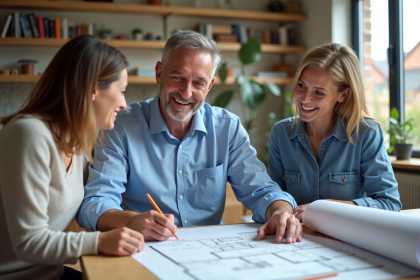 Architecte et couple discutant plans d'extension maison