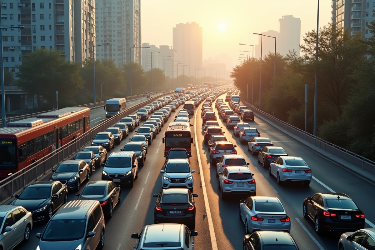 Traffic dense le matin avec voitures et bus en périphérie urbaine