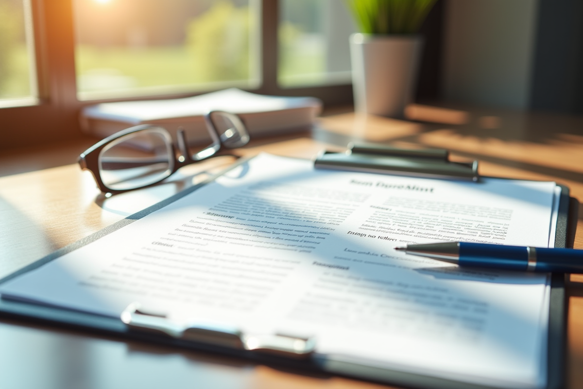 Bureau bien organisé avec contrat de location et lunettes