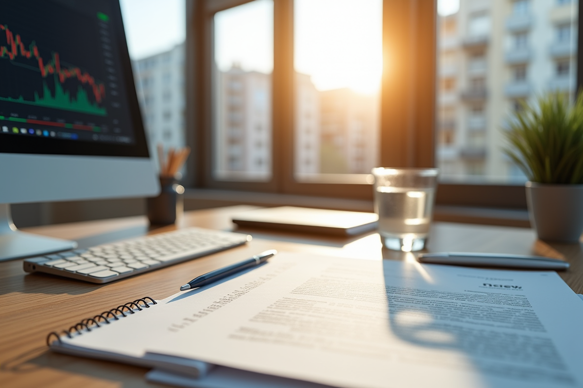 Bureau lumineux avec contrats de location et graphiques financiers