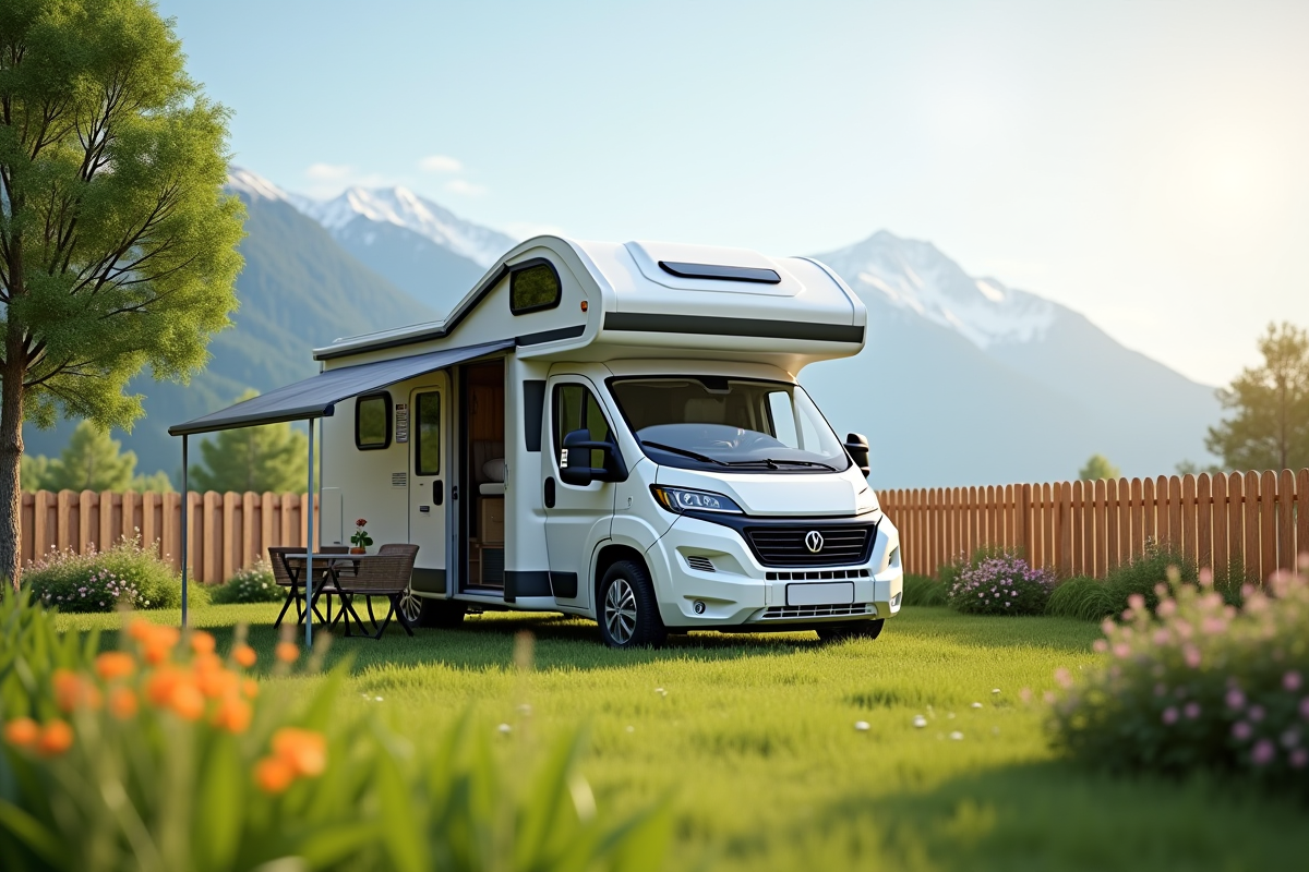 Van moderne garé sur un terrain privé avec jardin fleuri