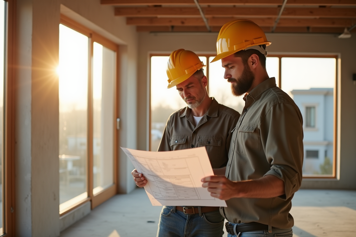 Chef de chantier et client examinant des plans dans une maison lumineuse