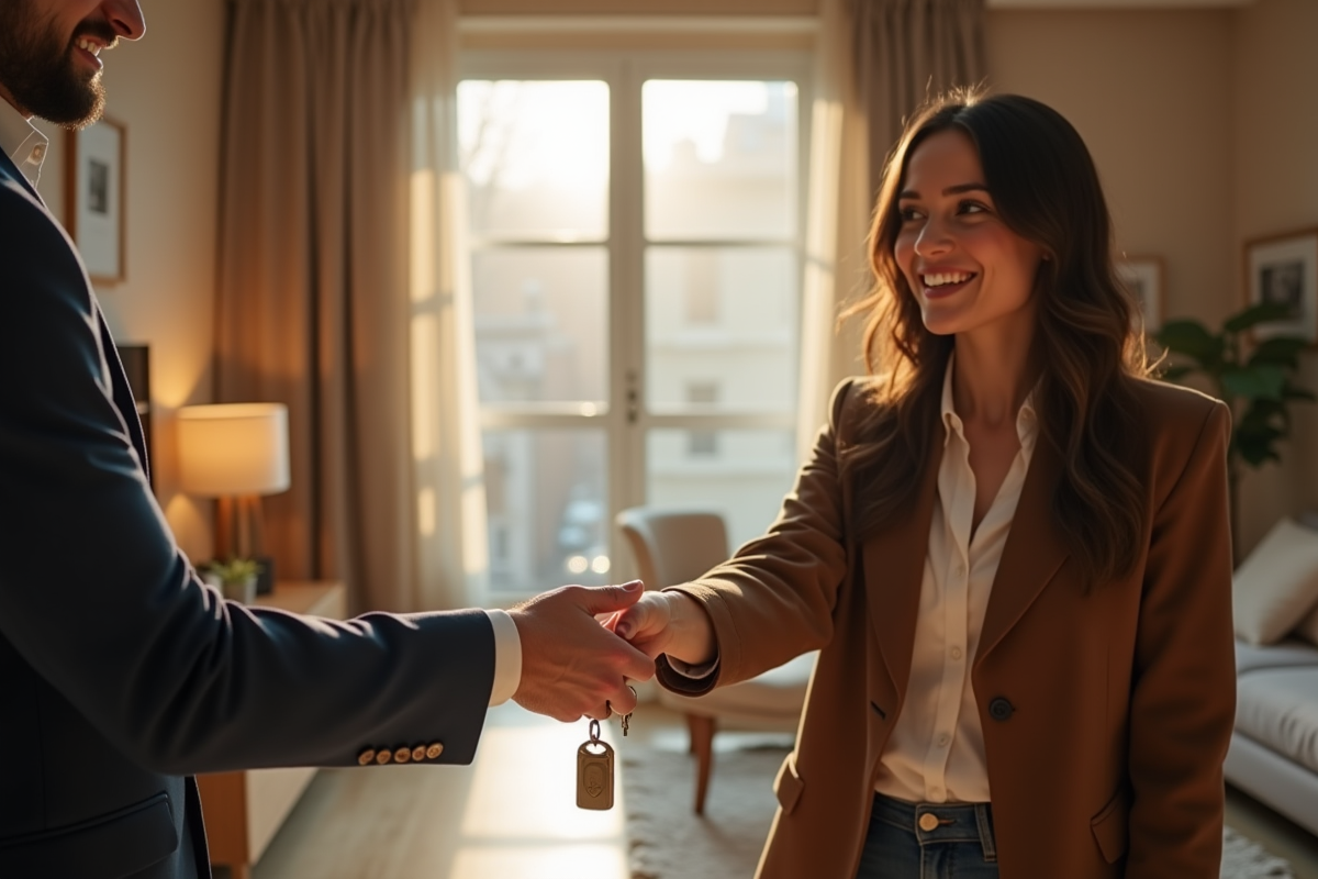 Professionnel souriant remettant une clé dans un appartement lumineux