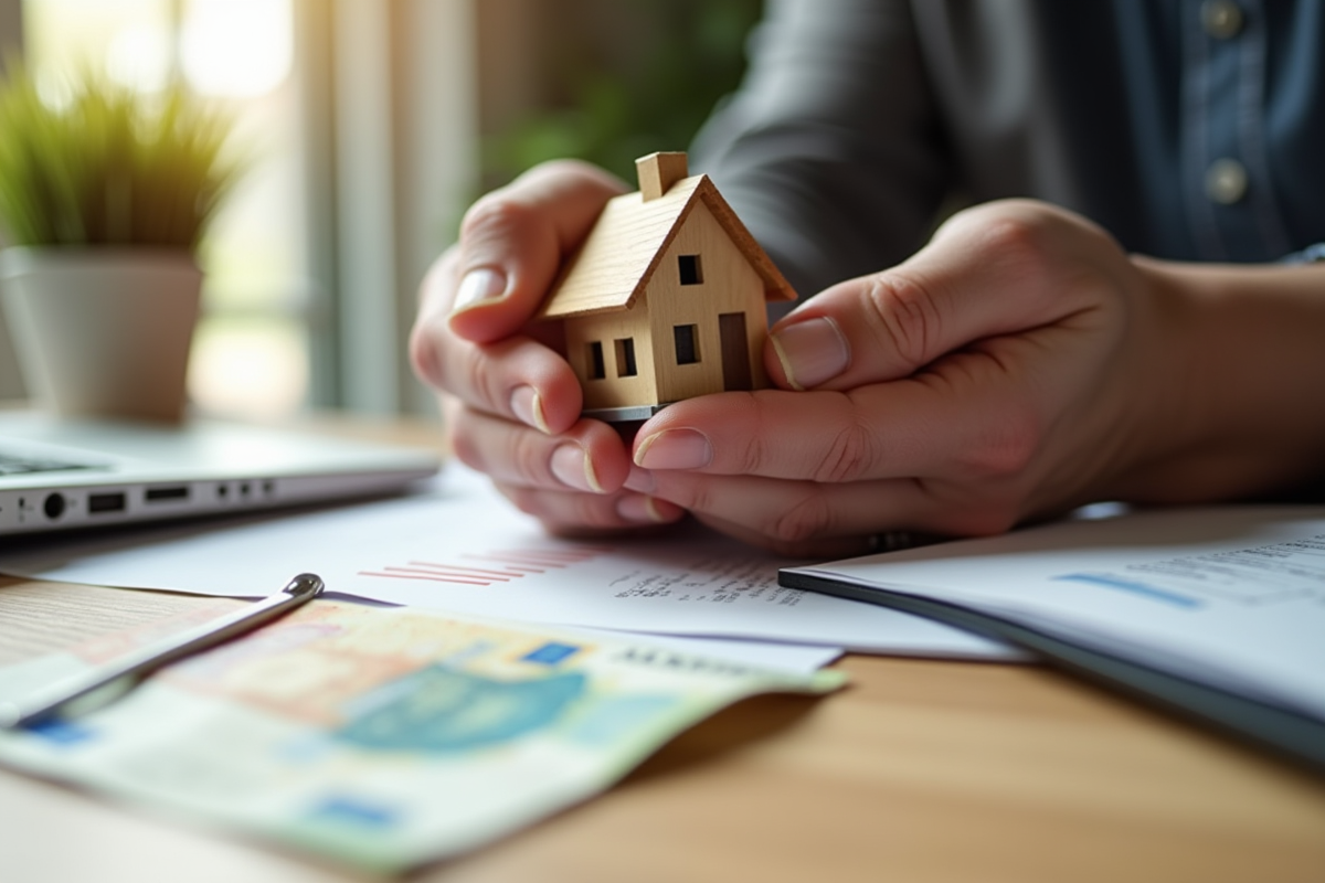 Mains tenant une clé et une maison miniature sur des billets d