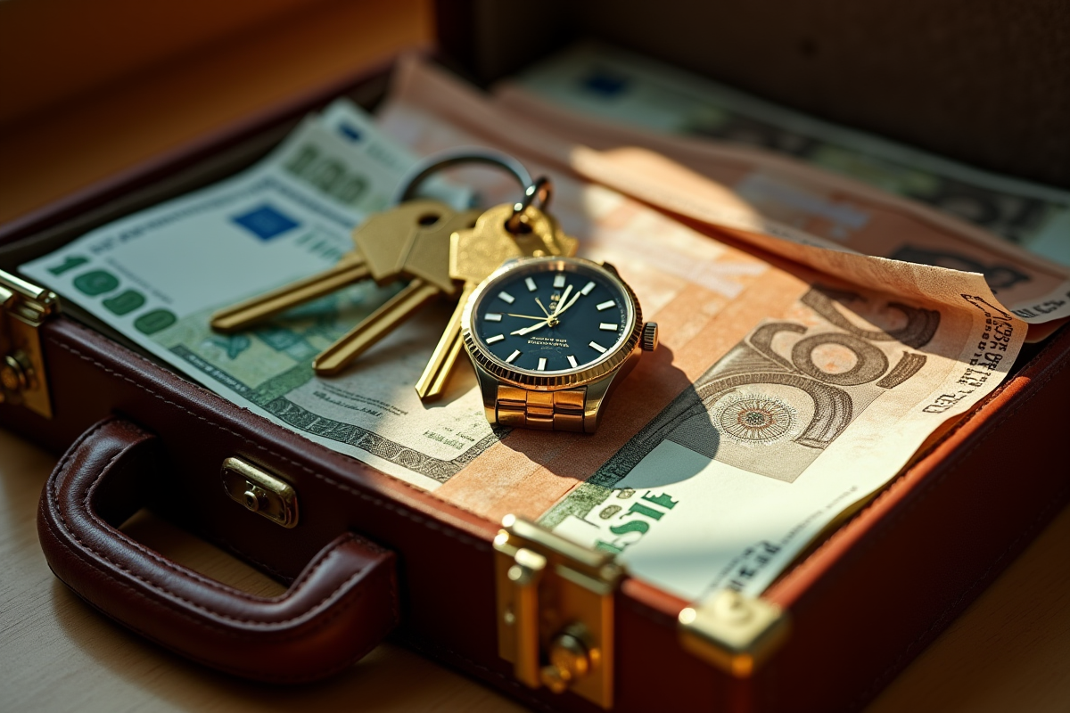 Clés en or et montre de luxe sur portefeuille de billets