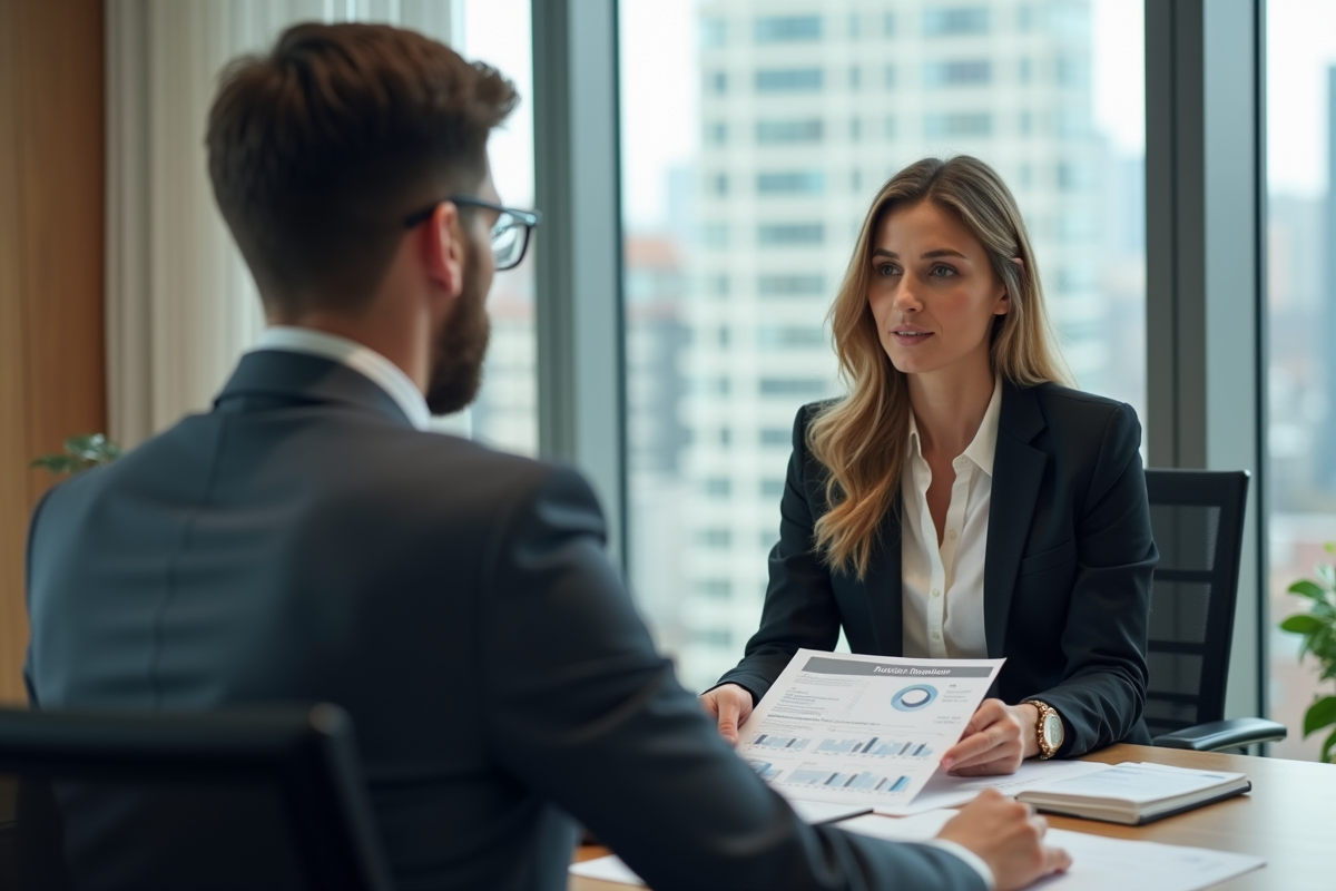 Conseillère en prêt immobilier discutant avec un client au bureau