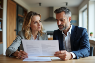 Couple de middleaged examinant un contrat de location dans un appartement moderne