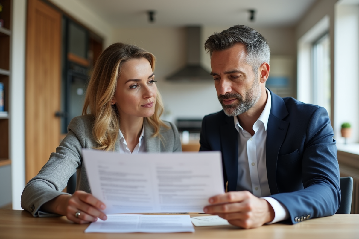 Couple de middleaged examinant un contrat de location dans un appartement moderne