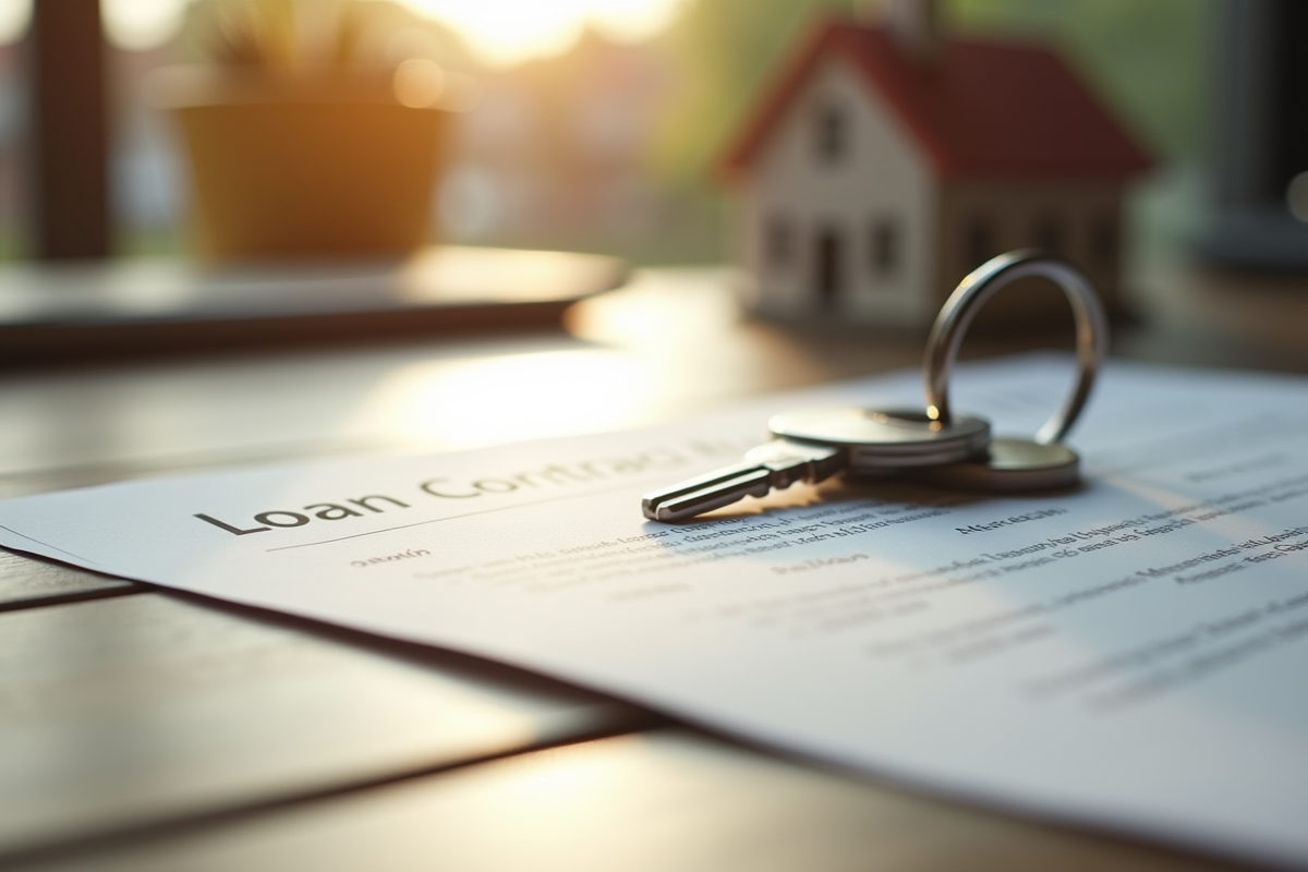 Contrat de prêt signé et clés de maison sur bureau en lumière douce