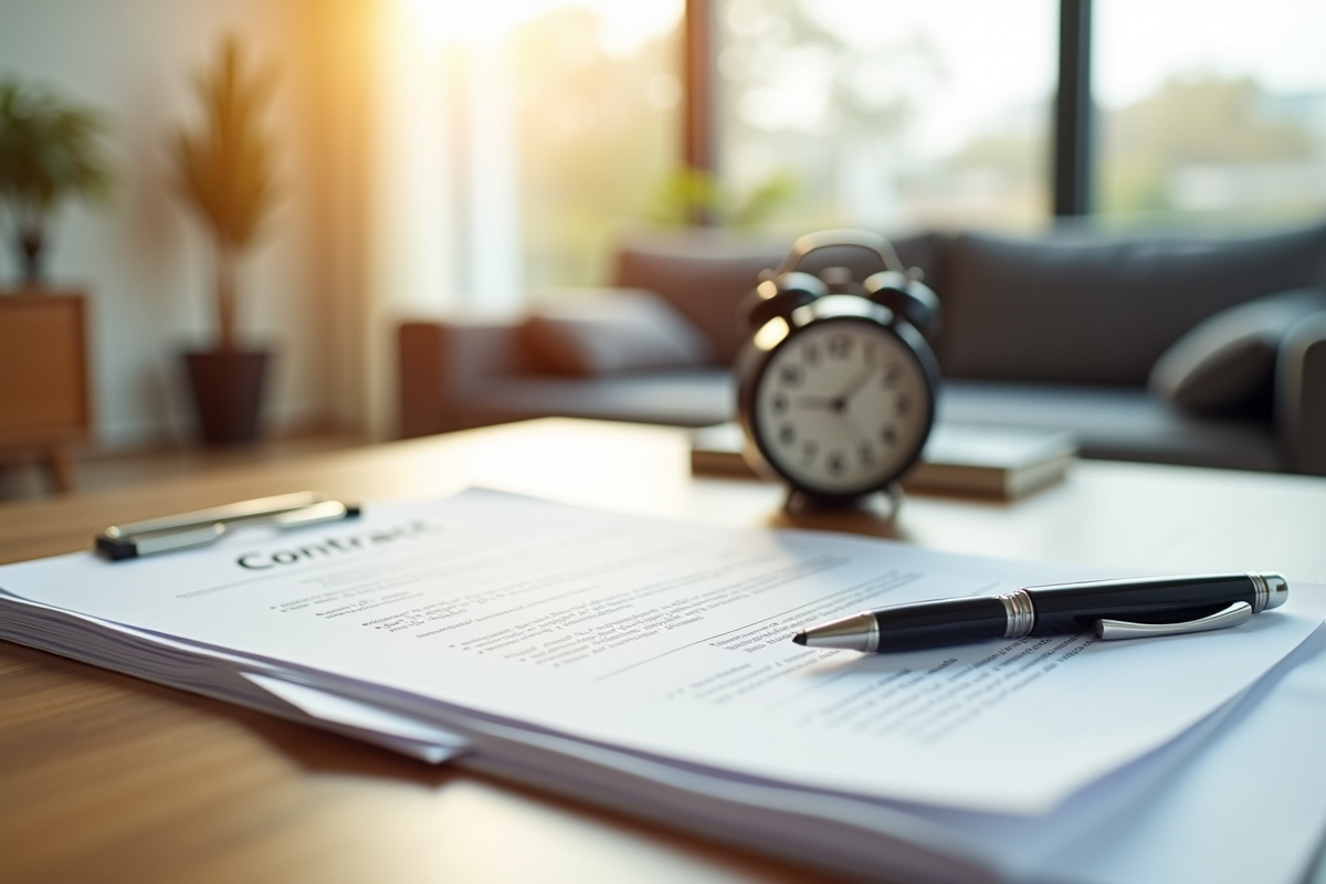 Contrats de location une plume et une horloge sur une table en intérieur