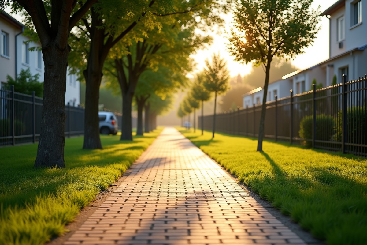Trottoir résidentiel ombragé avec ligne peinte et arbres