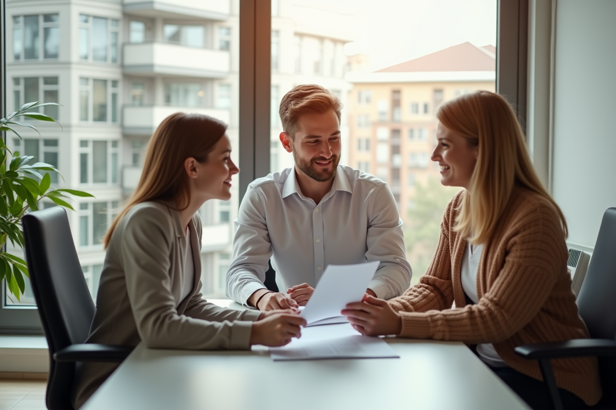 Jeune couple avec agent immobilier dans un bureau lumineux