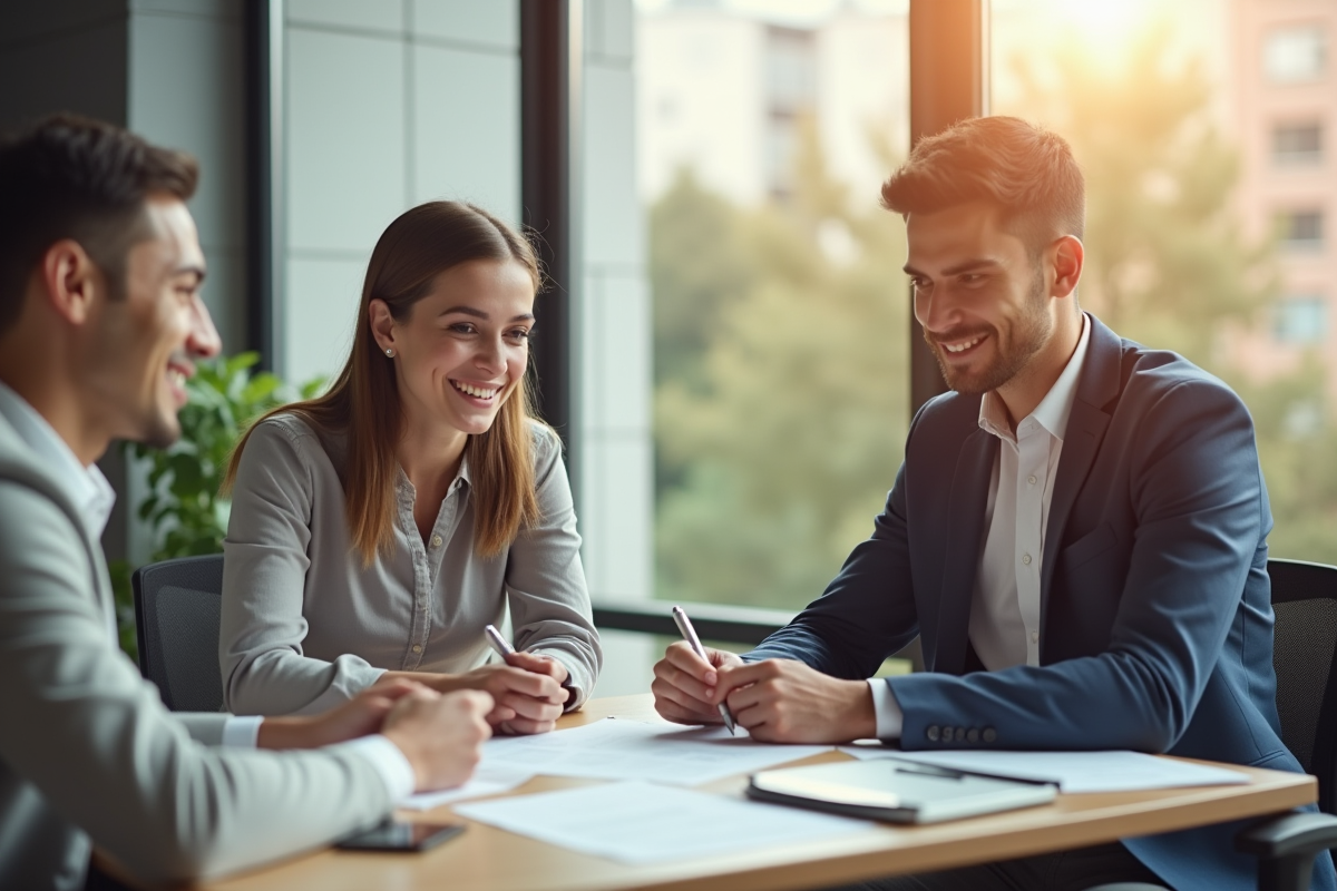 Jeune couple avec conseiller financier dans un bureau lumineux