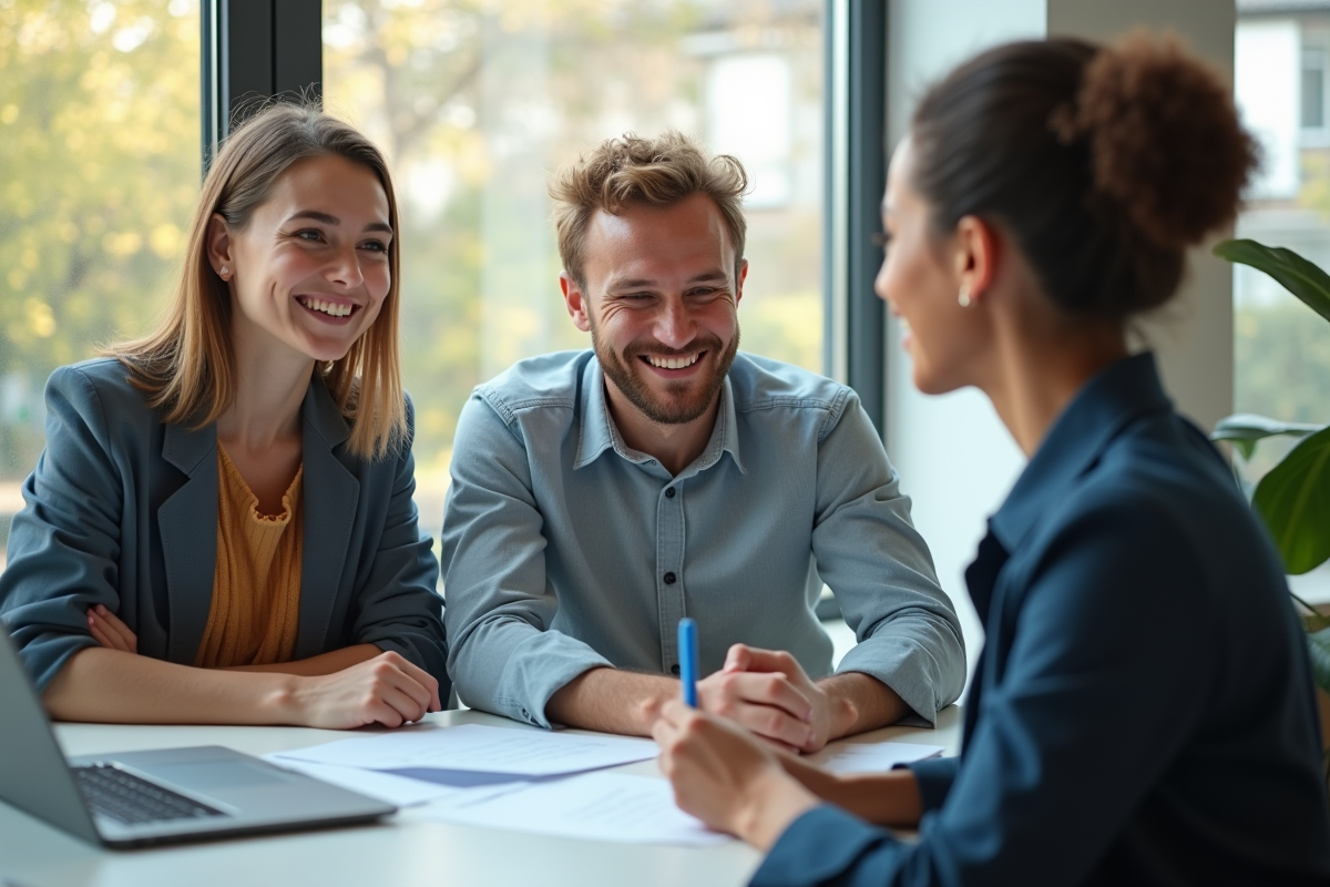 Jeune couple avec conseiller immobilier dans un bureau lumineux