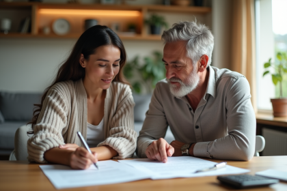 Couple à un bureau ensoleille dans un salon chaleureux