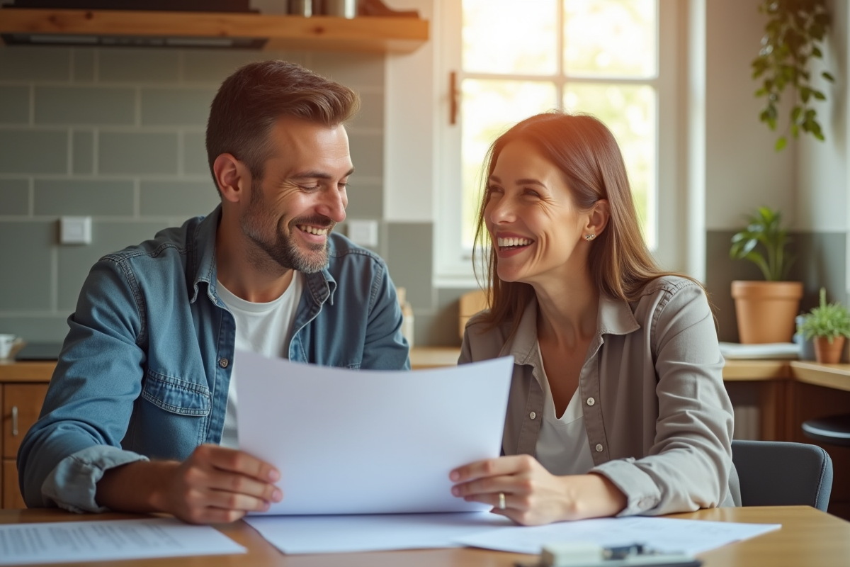Couple souriant discutant de documents dans la cuisine
