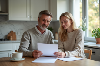 Couple d'adultes lisant des documents de prêt immobilier à la maison