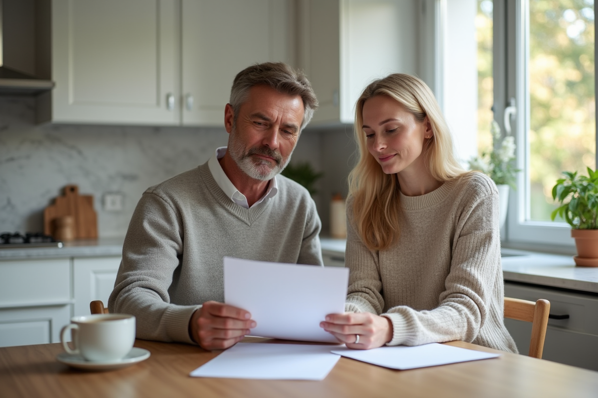 Couple d'adultes lisant des documents de prêt immobilier à la maison
