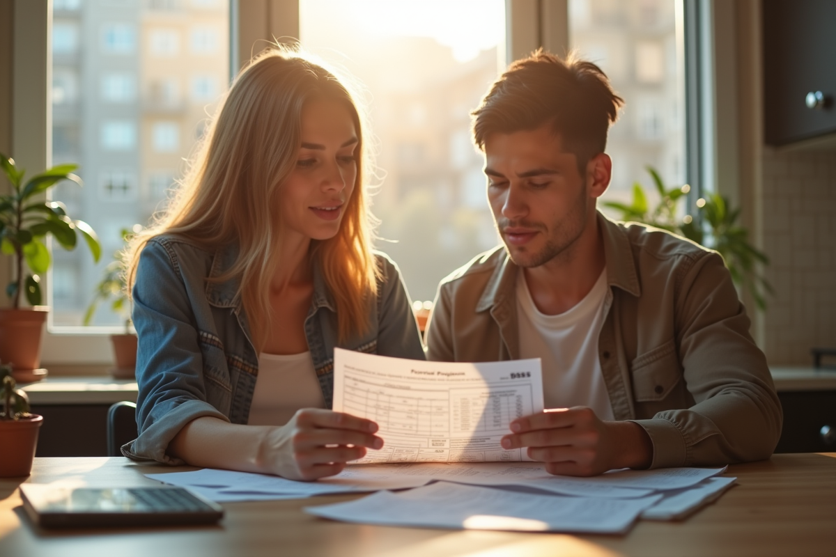 Jeune couple examinant des documents de location à la maison