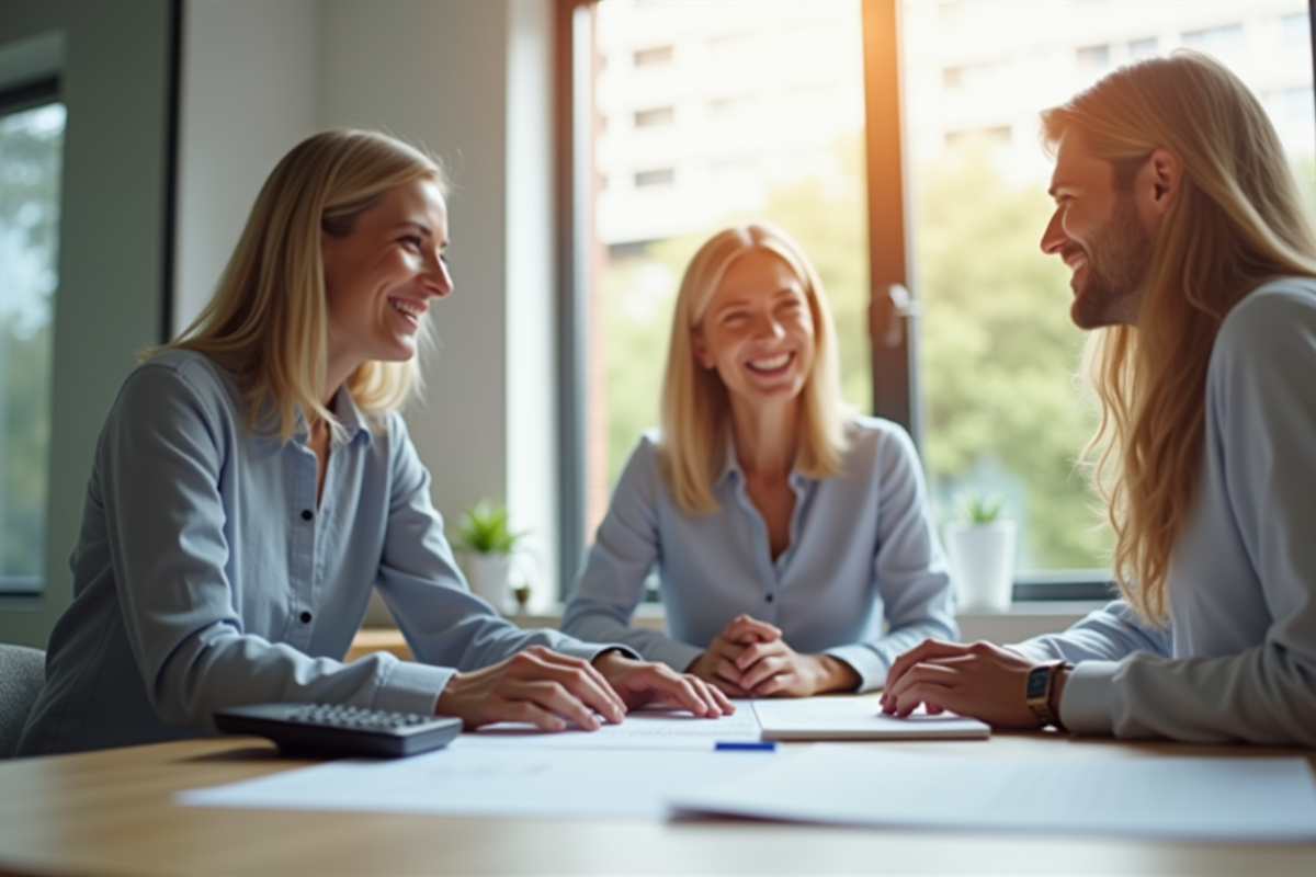 Couple heureux rencontrant un conseiller financier