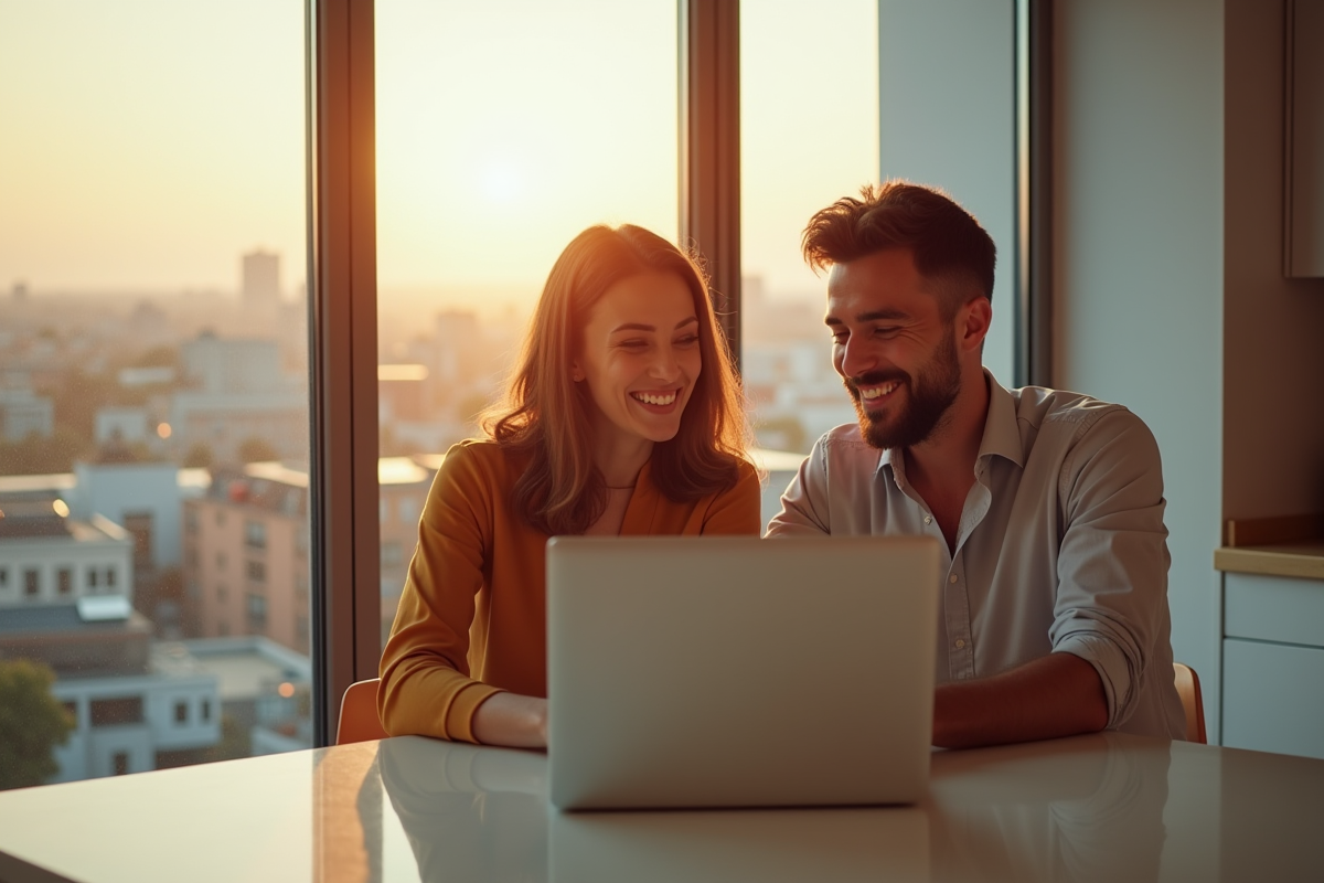 Couple souriant vérifiant leurs revenus Airbnb sur un ordinateur
