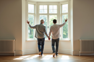 Couple en discussion dans un salon lumineux et moderne