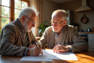 Couple senior examinant des documents de relief dans la cuisine