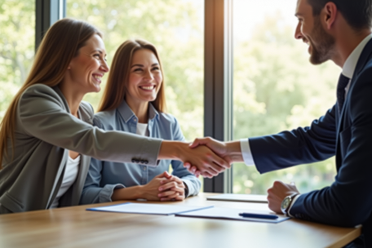 Couple souriant serrant la main avec un conseiller financier
