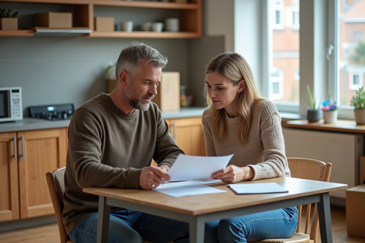 Couple d'adultes discutant avec sérieux dans un appartement en transition
