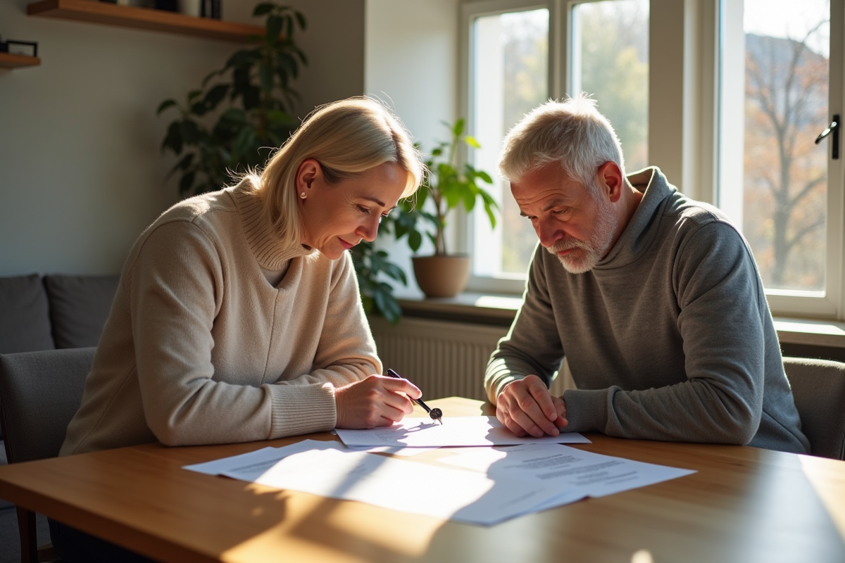 Deux couples divers autour d'une table lisant des documents immobiliers