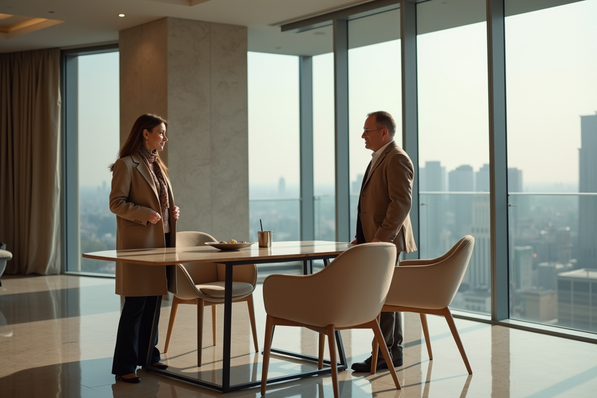 Courtière en luxe montrant un appartement haut de gamme à une cliente