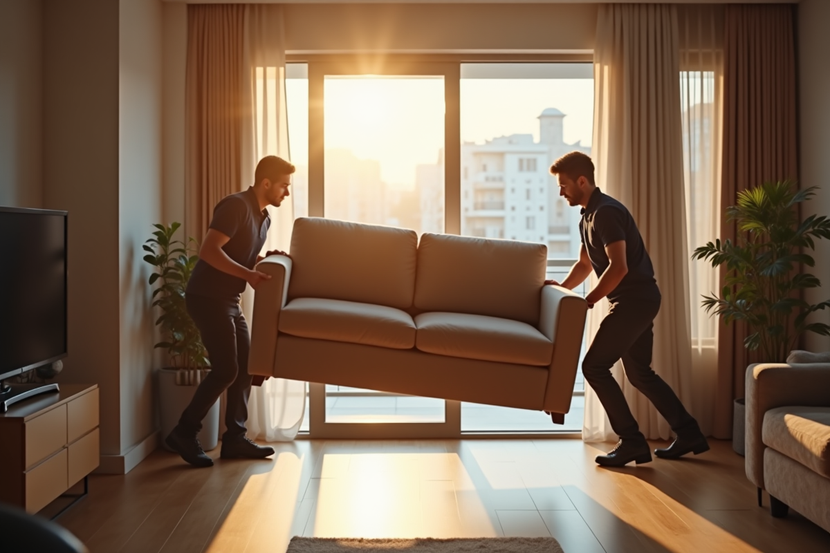 Déménageurs professionnels portant un canapé dans un appartement