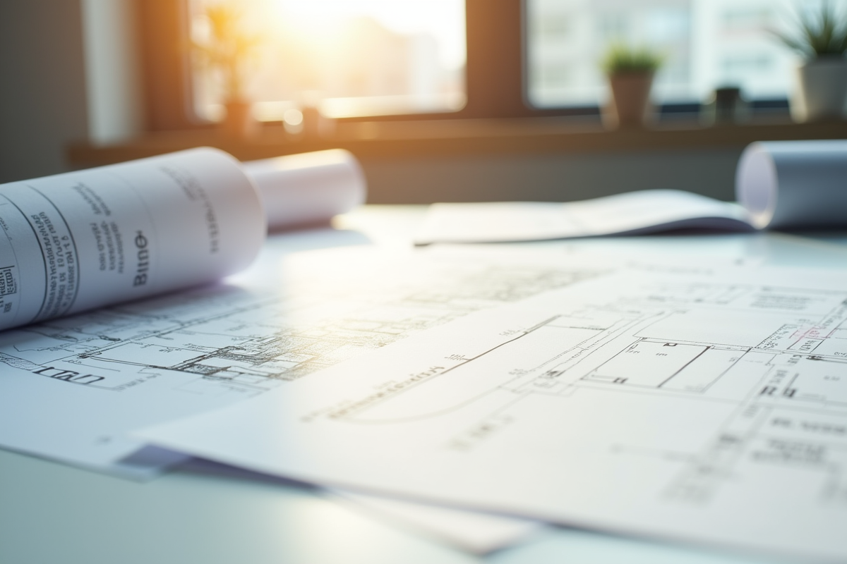 Détails de plans et documents fiscaux sur un bureau blanc
