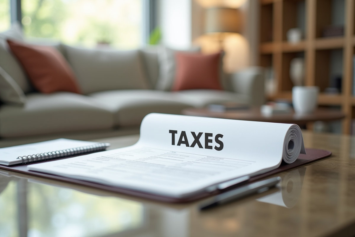 Dossier taxes ouvert clés et carnet dans un salon lumineux