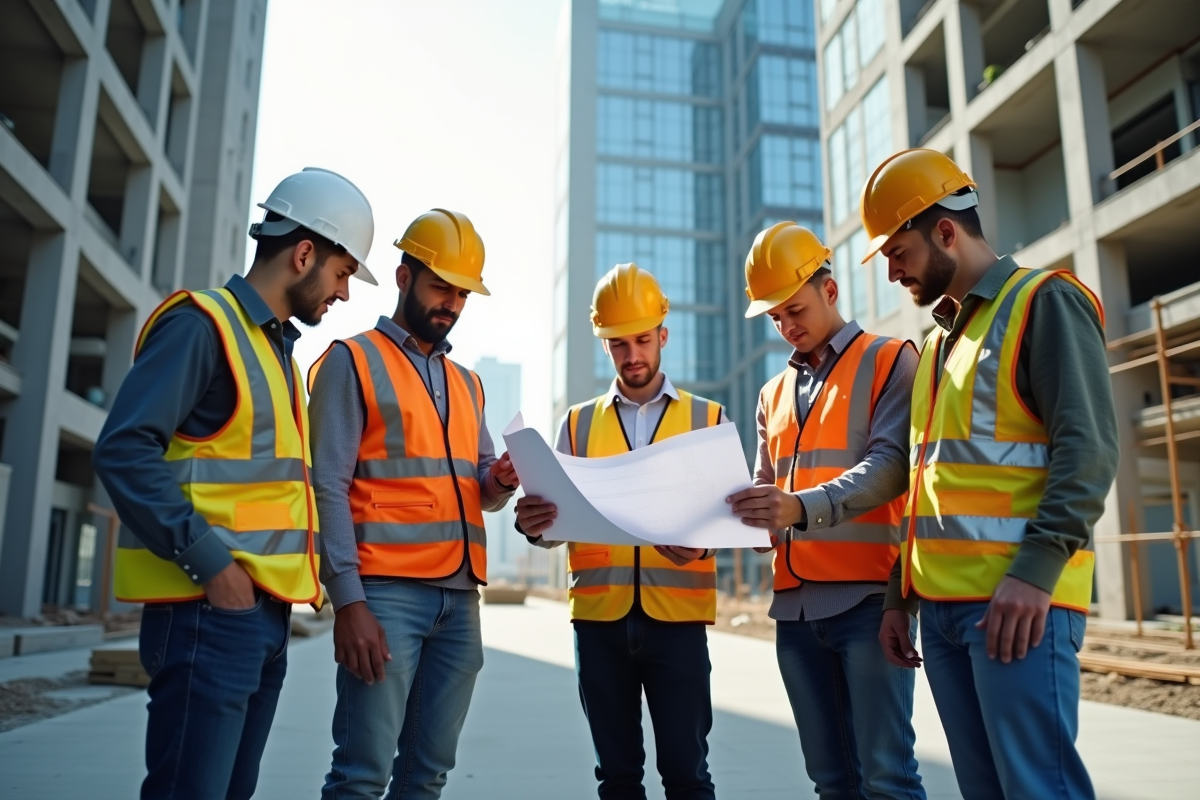 Groupe de travailleurs en construction examinant des plans