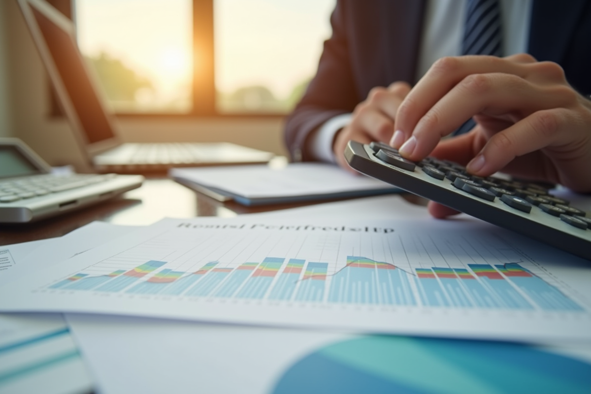 Espace de travail comptable avec calculatrice et graphiques financiers