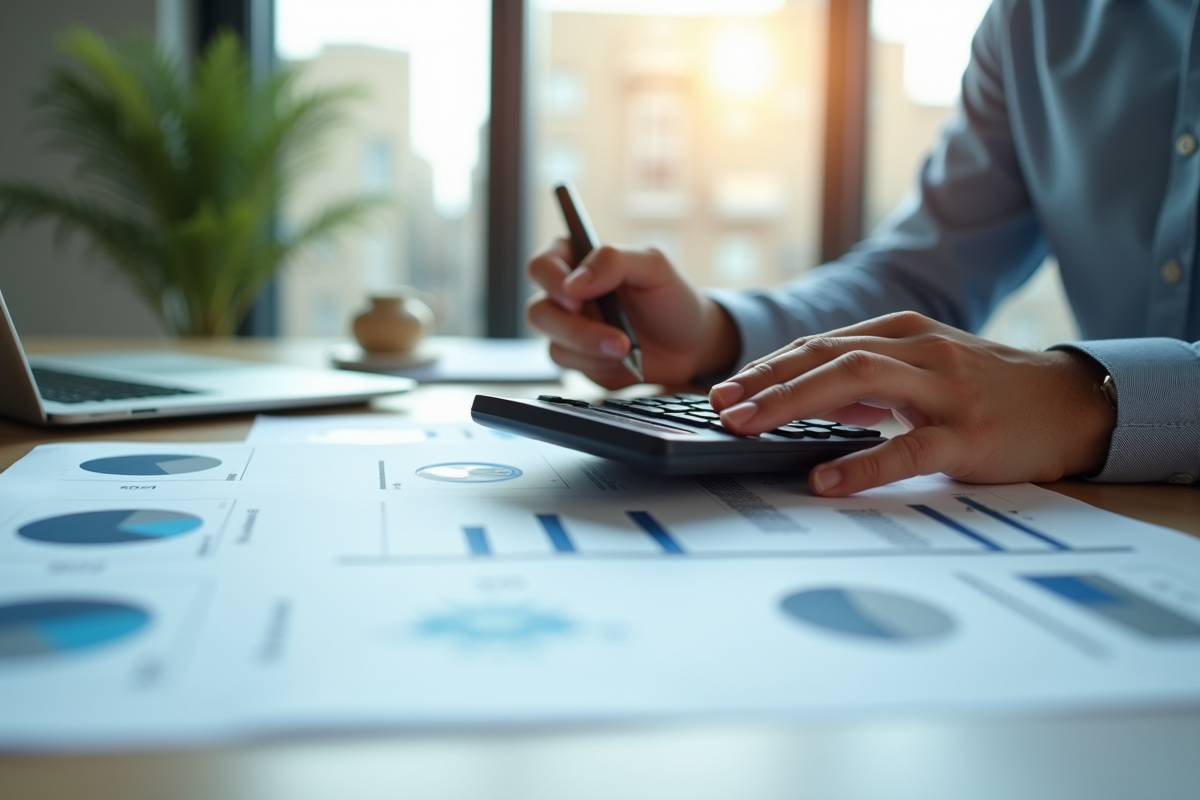 Espace de travail moderne avec un professionnel analysant des documents immobiliers