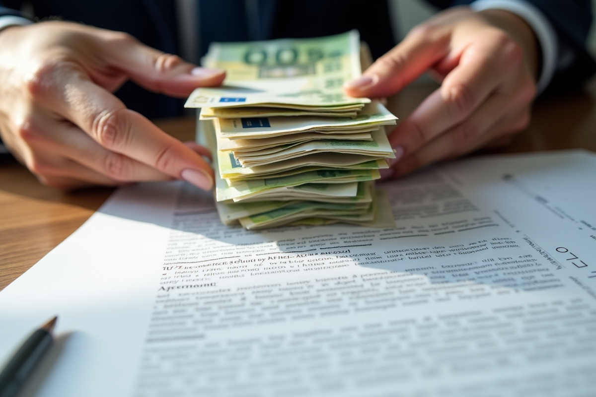Mains empilant des billets d euros avec documents financiers